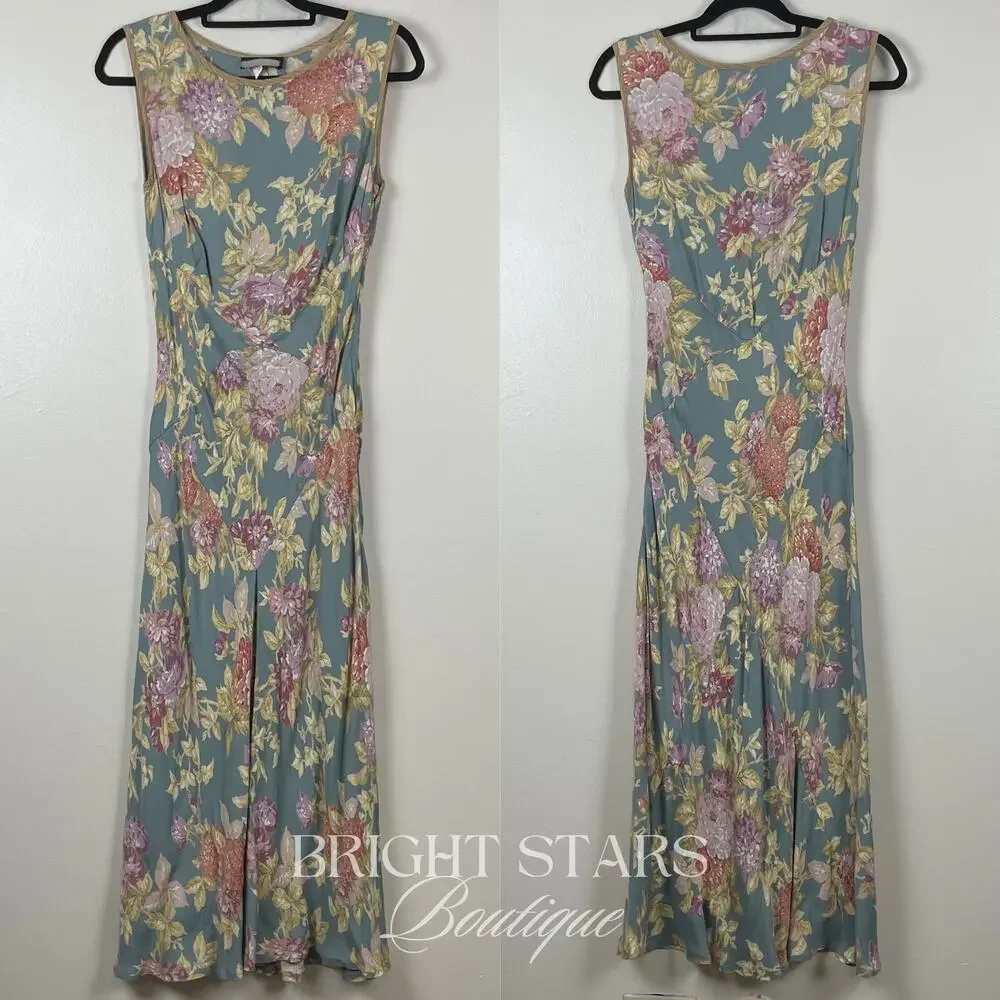 Super Rare Floral Maxi Dress ALT ASO Phoebe Buffay Friends Green Sleeveless VTG